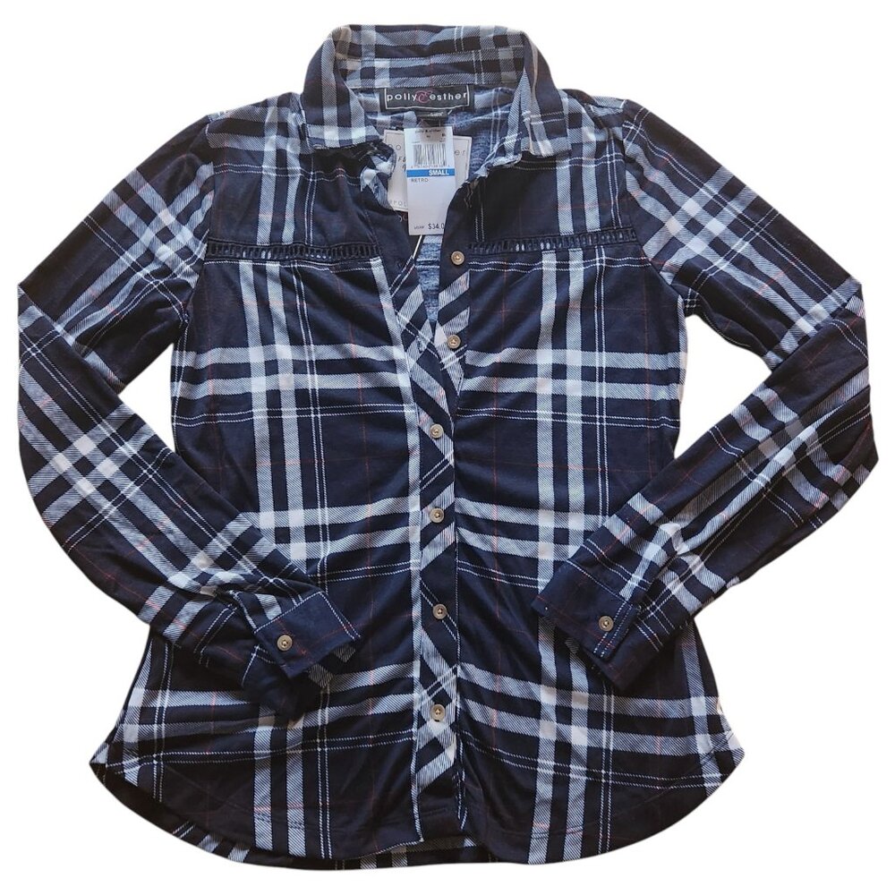 Polly & Esther Navy Blue Plaid Button Down Shirt Size Small